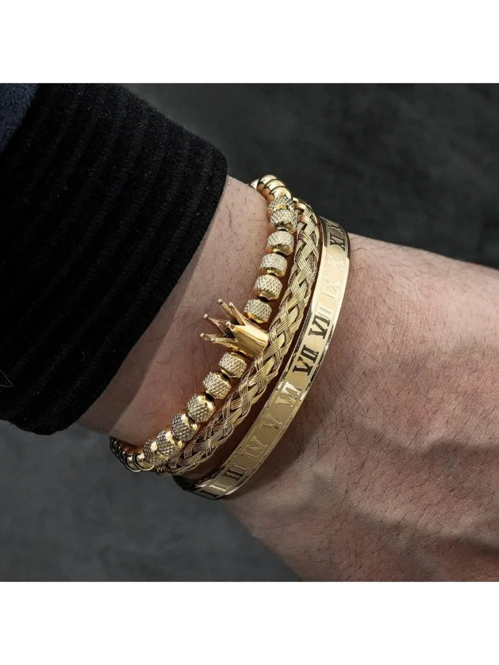 3PCS Men's Luxury Stainless Steel Bracelets Set - Gold Roman Numeral & Twisted